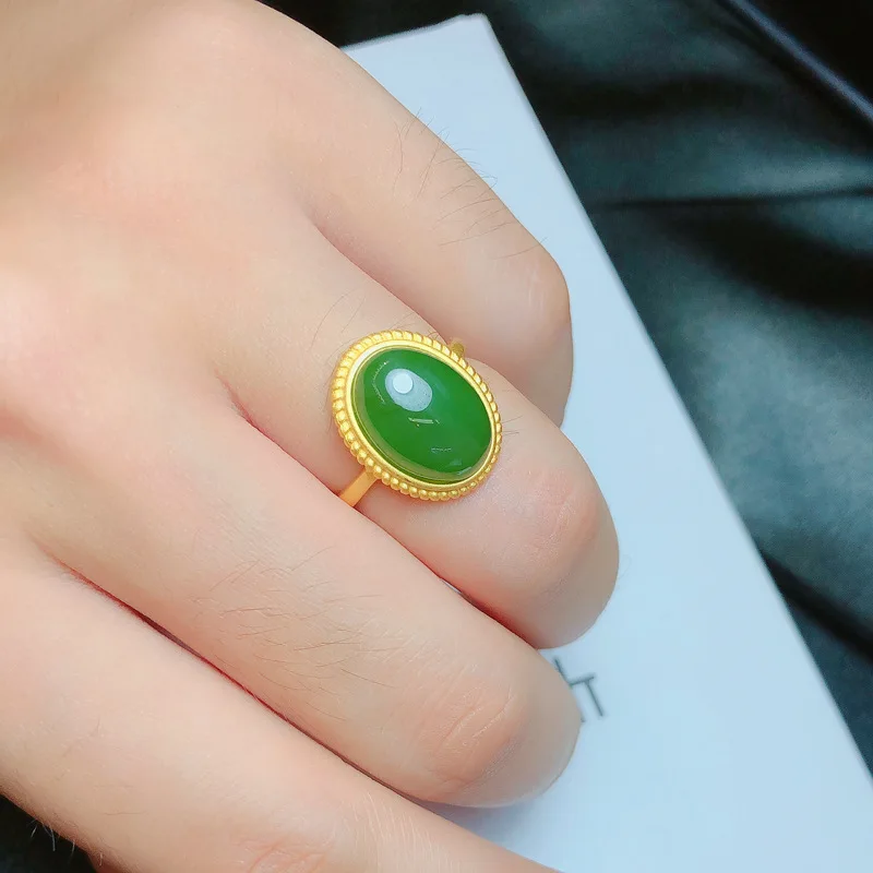 

wine with hetian jade ring opening S925 pure silver jade alluvial gold ring female contracted small adorn article