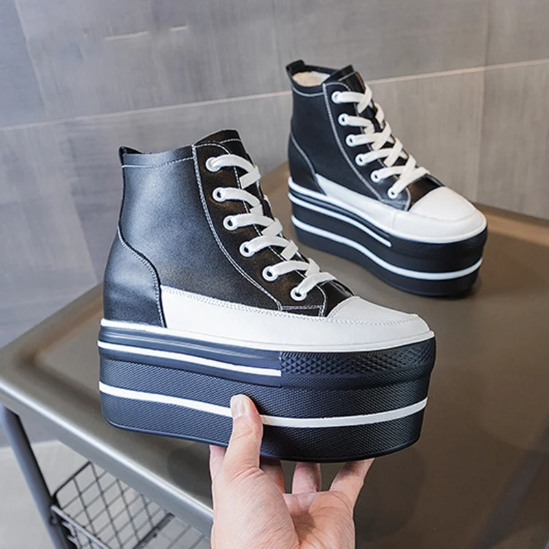 

Women's High Top Sneakers Casual Leather Lace up White/Black Sneakers For Woman Spring Autumn Shoes High Heels Sneaker