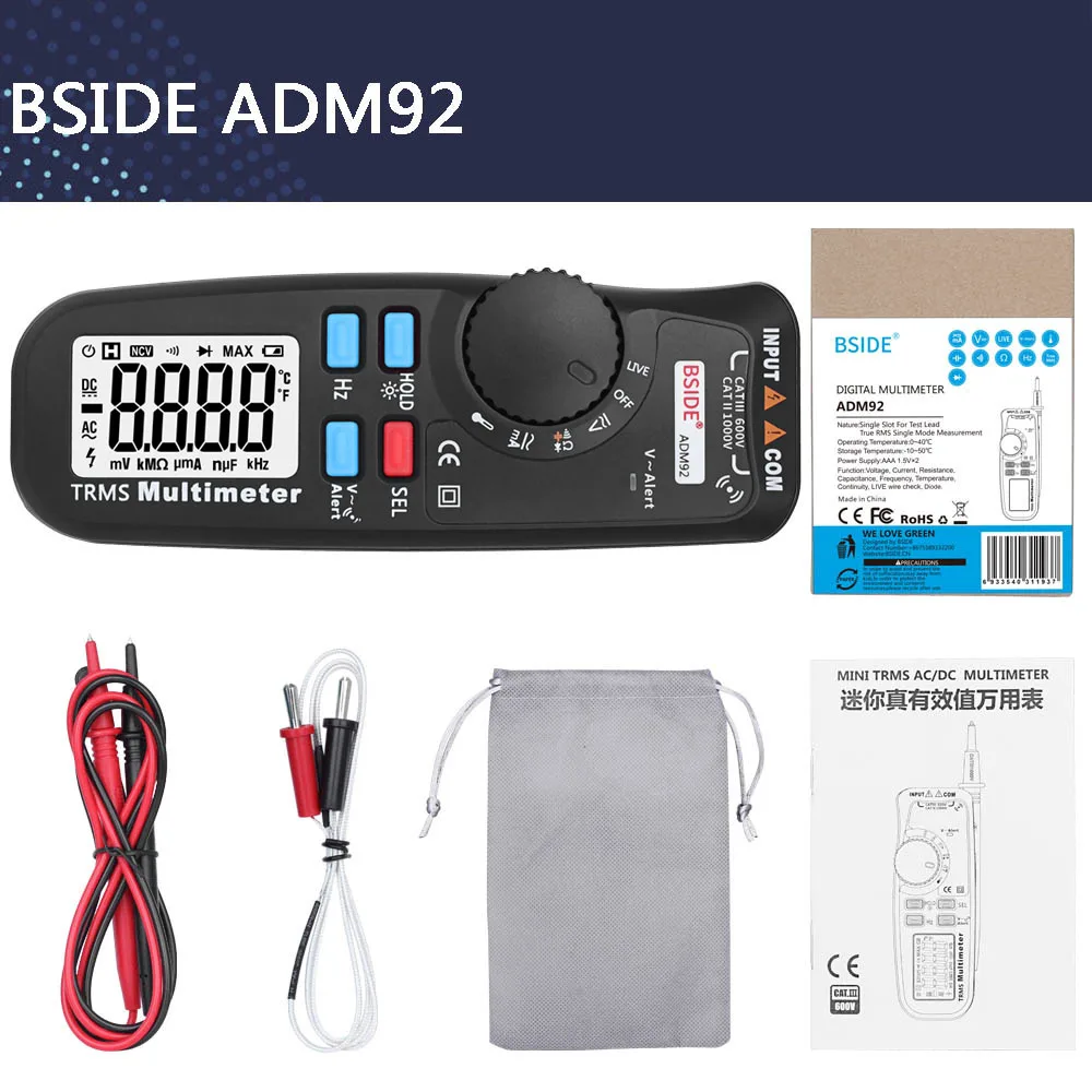 ADM92(Basis Version) BSIDE цветной дисплей Вольтметр 3 цвета 6 огней Автоматический диапазон напряжения индикатор True RMS цифровой мультиметр Multimetro NCV Hz тестер - Цвет: ADM92(Basis Version)
