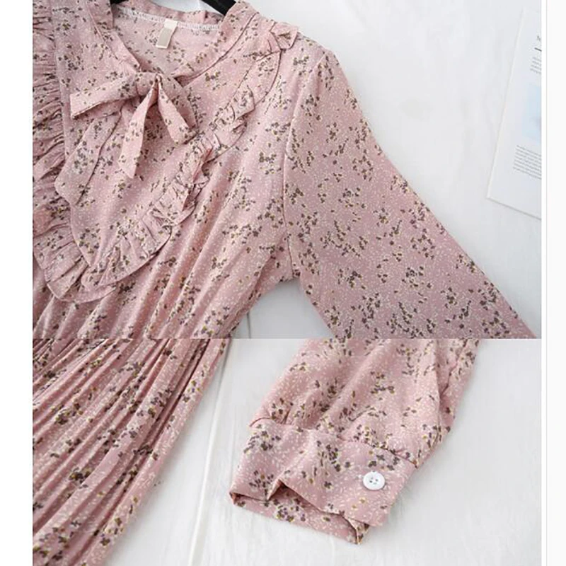 

Floral Print Pleated Chiffon Dress 2020 Casual Long Sleeve Elastic Waist Women Dress Elegant Ladies Long Dress Party Vestidos