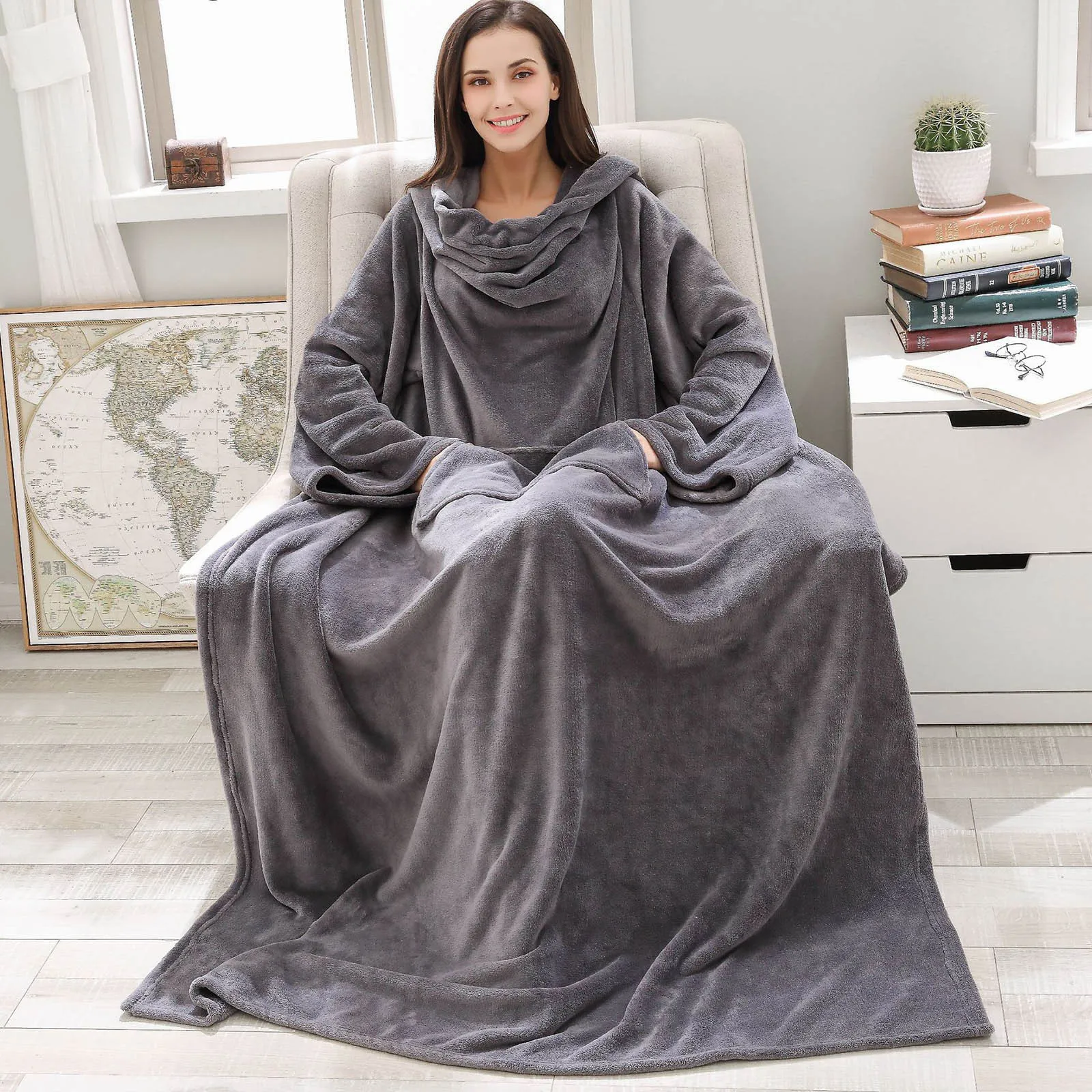 

Winter Pocket Hooded Blankets Adult Warm Hoodie Robe Bathrobe Pullover Tv Sofa Fluffy Fleece Blanket Sweatshirt With Sleeves