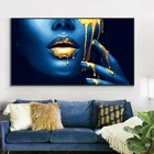 Картина маслом на холсте с изображением синих и золотых сексуальных губ, красивый макияж, художественные плакаты и принты, Настенная картина для гостиной