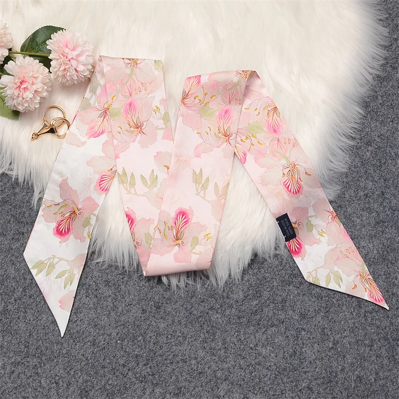 100% Mulberry Silk Twill Pink Scarf for Handbag&Purse-Small Fashion Ribbon Neckerchief for Women Hair Floral Print Luxury Brand