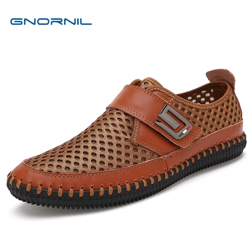 

GNORNIL Brand Men Shoes Summer Casual Shoes Breathable Air Mesh Genuine Leather Men Footwear Rubber Sole Men Flats Size 38-44
