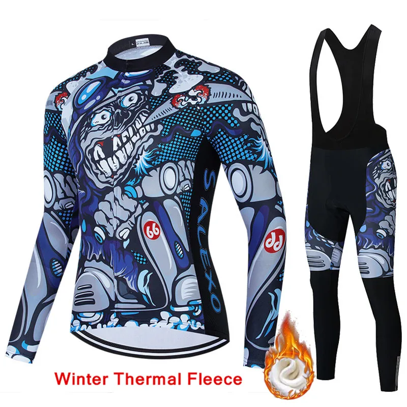 

2022 Skull Pattern Winter Cycling Jersey Thermal Fleece Cycling Clothing MTB Cycling Bib Pants Set Ropa Ciclismo Triathlon Suit