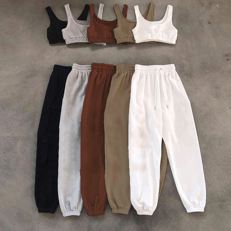 

Women 2pcs Sport Yoga Outfits Set Sleeveless Crop Tank Top and High Waist Drawstring Jogger Pants Solid Color Tracksuit
