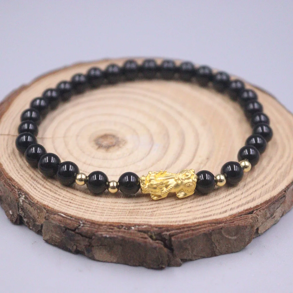 

Real Pure Gold 999 Gold Bracelet Women Baby Dragon Son Lucky Pixiu Black Agate 6mm with14k 4mm Bead Bracelet Gift 16cmL
