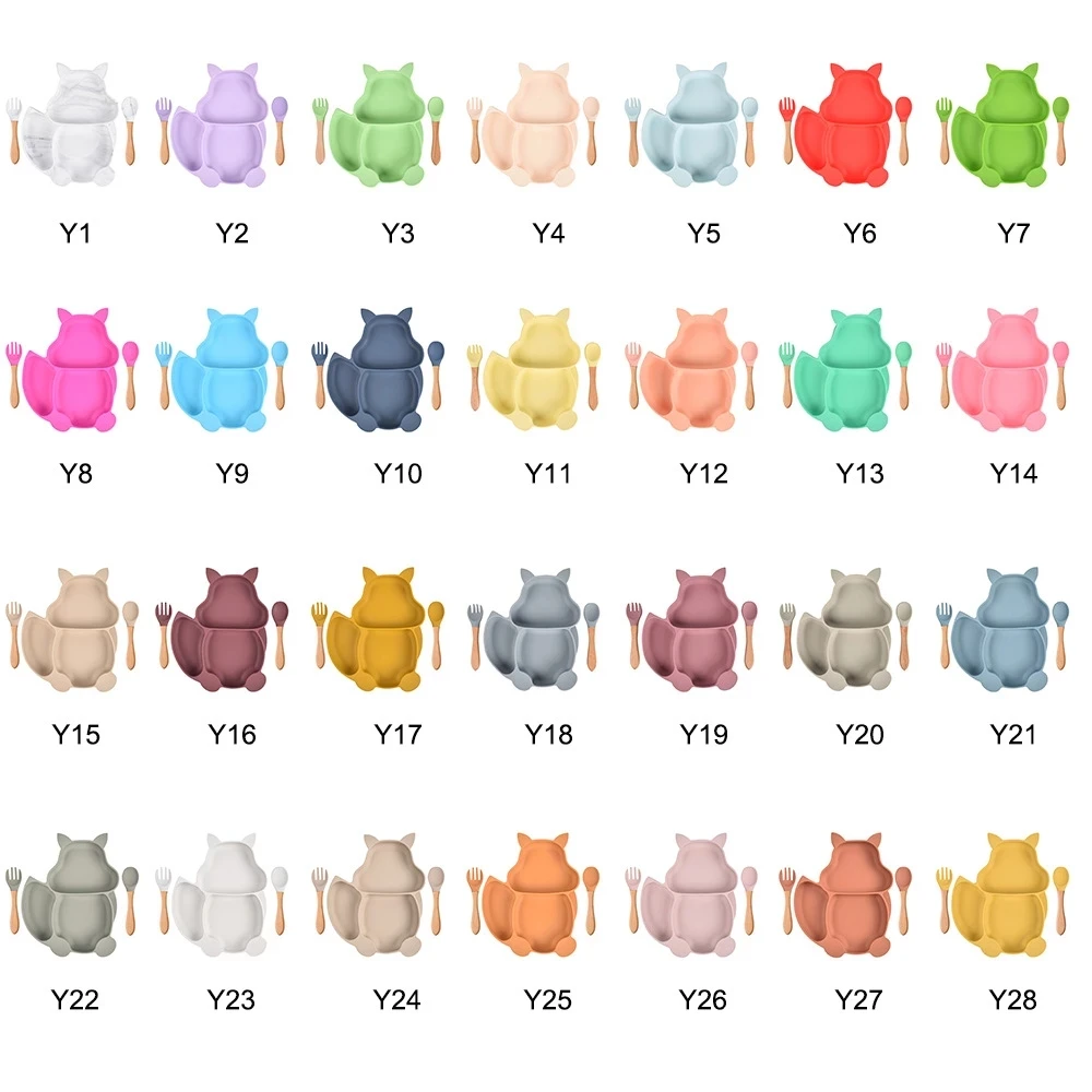 

3PCS/Set Baby Silicone Plates Food Grade Silicone Suction Divided Cute Squirrel Baby Feeding Set Infant Dishes with Spoon Fork