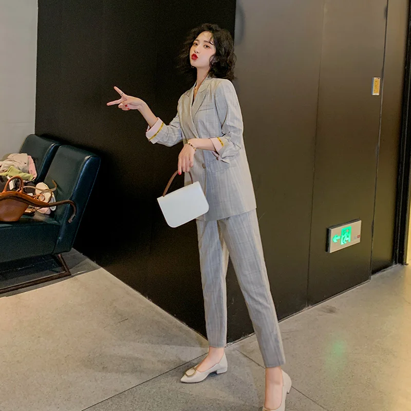 

New Women Suit Casual Plaid Blazer Pant Spring Office Lady Notched Jacket Pencil Pant Suits Korean Femme 2 pieces set