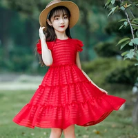 2022 new short sleeve round neck pleated breathable chiffon cute striped over the knee princess dress flower girl dresses