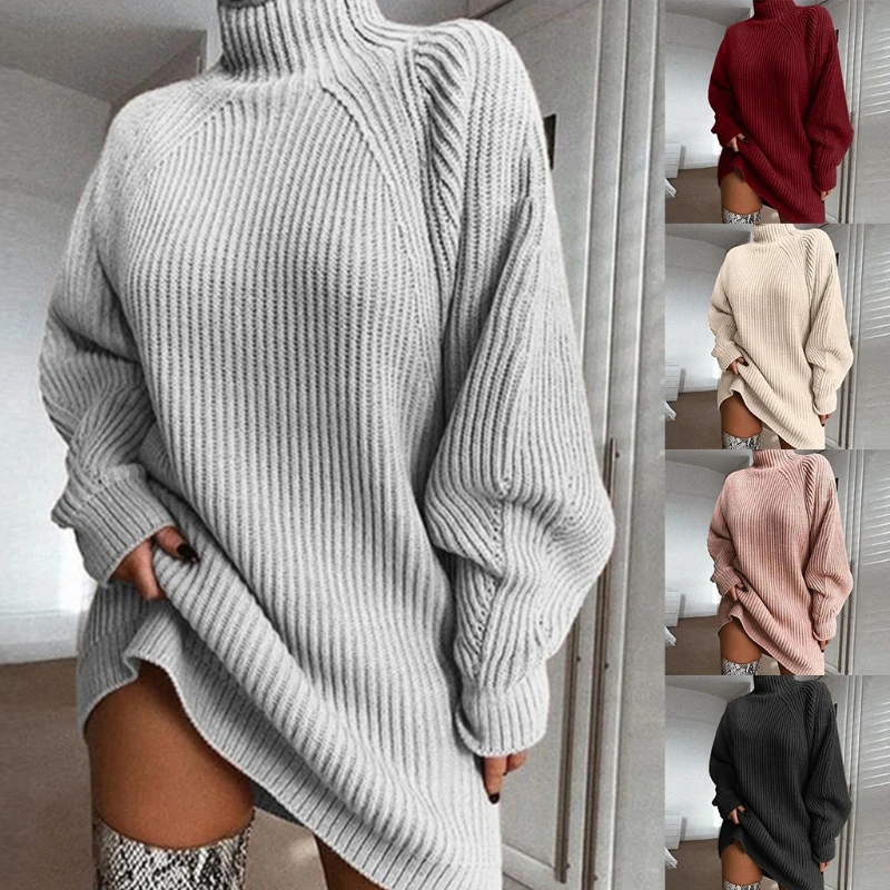 

Women Raglan Sleeve Turtleneck Midi Long Sweater Dress Knit Solid Loose Jumper