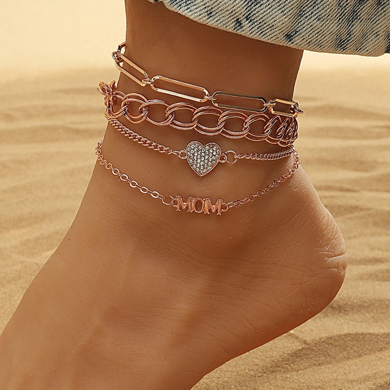 

4PCS Women Anklet Fashion Dainty Cute Beach Anklet Adjustable Fashion Ankle Bracelet 2021 Summer Beach Anklets Foot Jewelry
