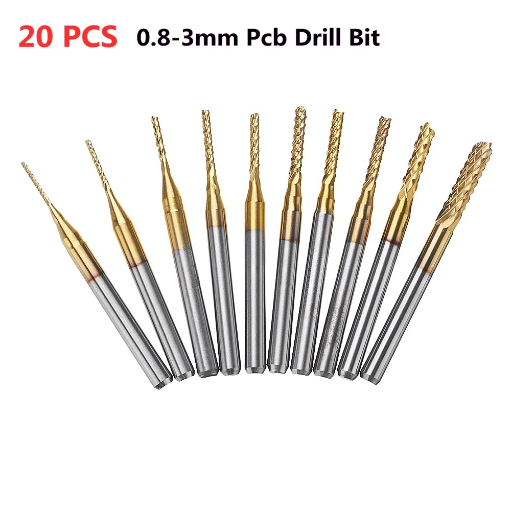 

Drillpro DB-M1 20Pcs 0.8-3mm Titanium Coated Engraving Milling Cutter Carbide Bits PCB Router Bits End Mill For CNC SMT Machine