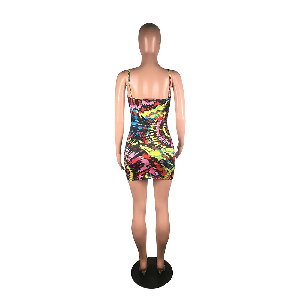 

Adogirl Fashion Sexy Women Tie-dye Print Spaghetti Strap Mini Dress Summer Sleeveless Tank Bodycon Dress Slim Dress Vestido