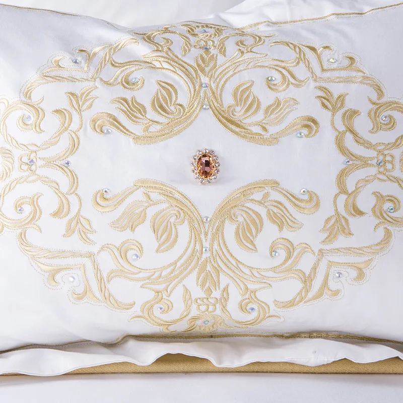 

White Golden Bedding Set Queen Super King size Bed sheet set Luxury Egypian cotton Embroidery Bedding sheet Duvet Cover set