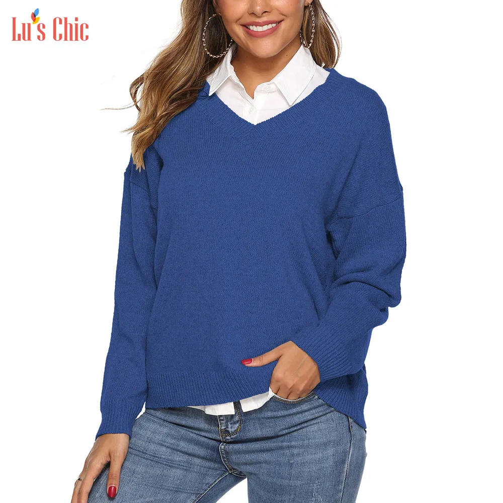 

Lu's Chic Knit Long Sweater V Neck Sleeve Loose Casual Cozy Warm Pullover Jumper Tops Women