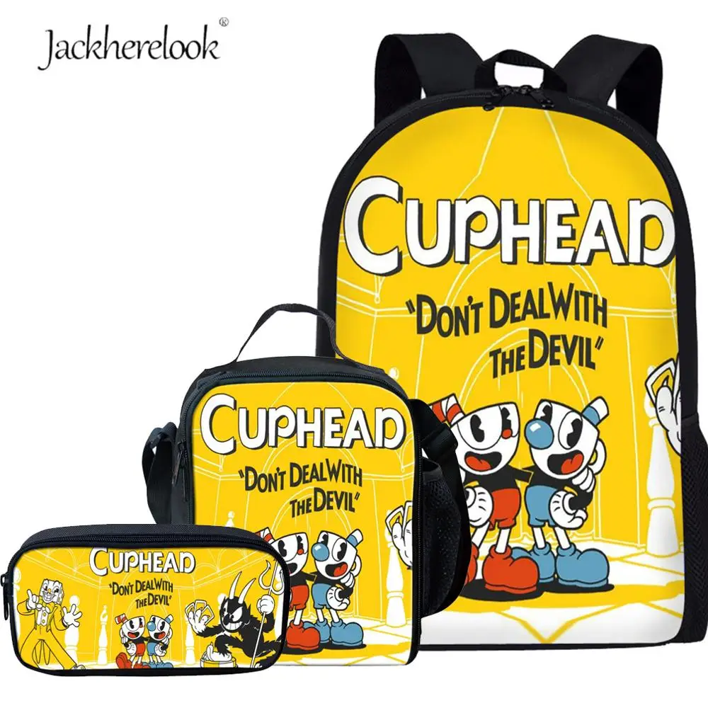 Cuphead Mugman ティーンエイジャーの女の子子供漫画ゲームバックパック Mochila 学生ブックバッグセット 3 個の子通学