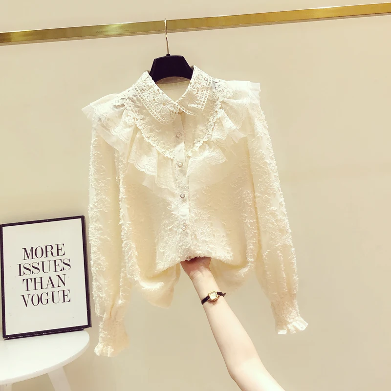 Новая весенняя Милая офисная Дамская блузка с кружевным воротником и оборками
