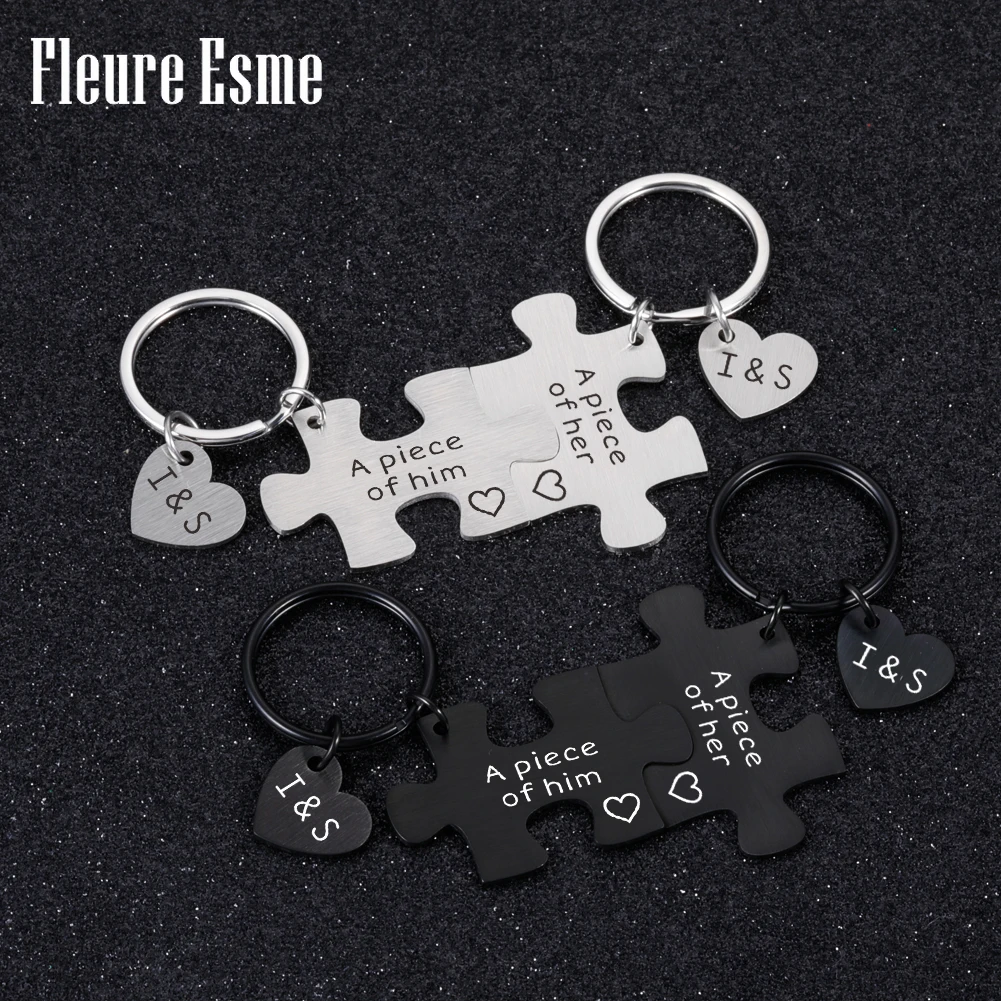 

Couples Customized Puzzle Keychains Engraved Initials Lovers Best Friend for Husband Wife Car Key Holder Valentine's Day Gift