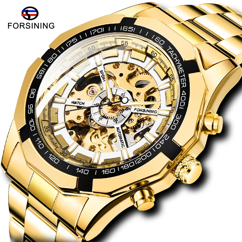 Мода FORSINING золотые из Нержавеющей Стали Военные Спортивные Повседневные Мужские