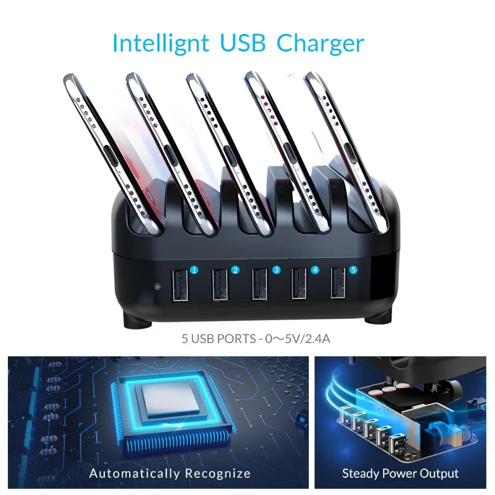 ORICO 5 портов USB Зарядное устройство Док-станция с держателем 40 Вт 5V2. 4A* 5 usb зарядка для iphone pad PC Kindle Tablet