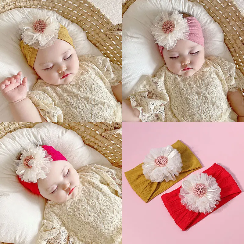 

24pc/lot Infant Baby Large Tulle Flower Nylon Headbands Lace Flower on Wide Ribbed Nylon Headbands for Kid Girls Props Headwear