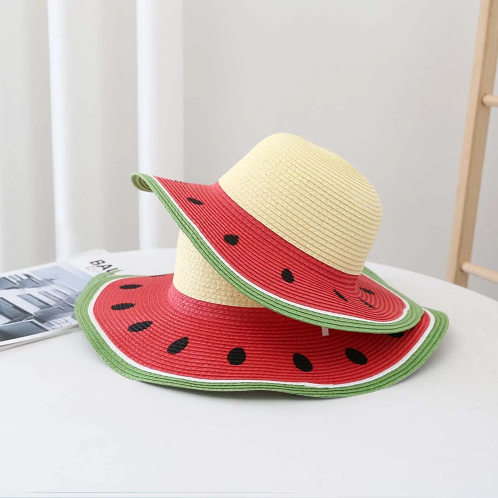 

Cute Watermelon Straw Sun Hats Toddler Baby Kids Outdoor Fruits Print Pattern Hats Fisherman Wide Large Brim Straw Hat Sun Cap