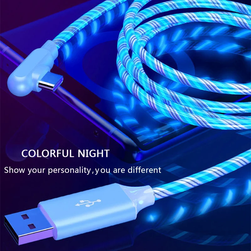 

90 Degrees Elbow 5A Fast Charger Cable LED Glow Flowing Charger Cable Data Cable Type C Micro USB For IPhone Samsung USB Cord