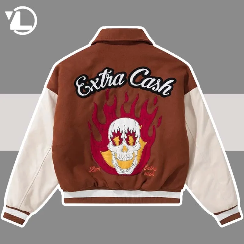 

Куртка-бомбер в стиле хип-хоп для мужчин и женщин, утепленная бейсбольная куртка в стиле пэчворк, с вышивкой черепа, Повседневная Готическая...