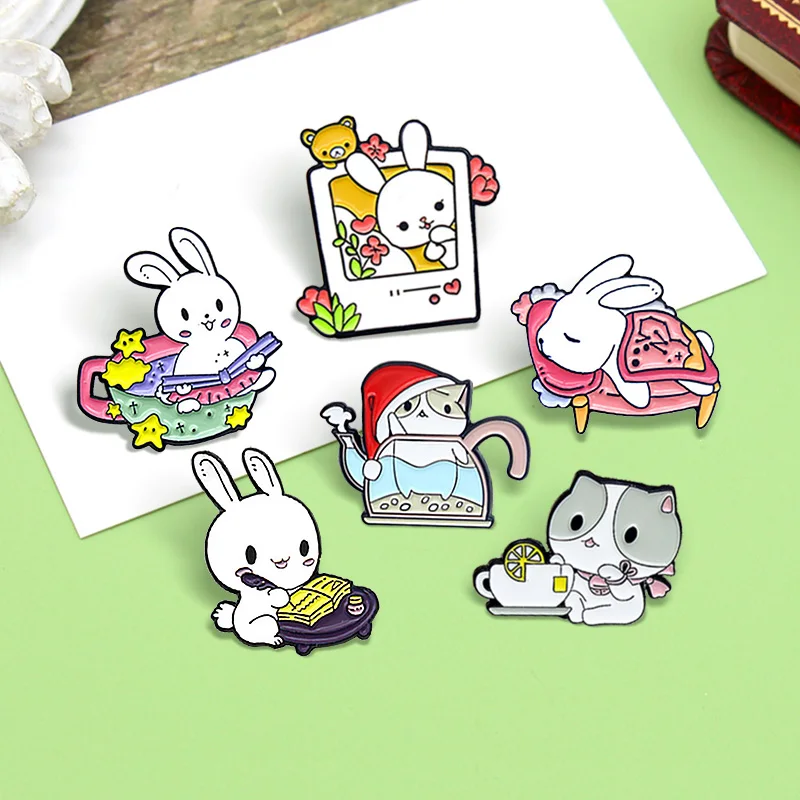 Эмалированная булавка в виде чашки кролика кошки Китти чайника животные броши на