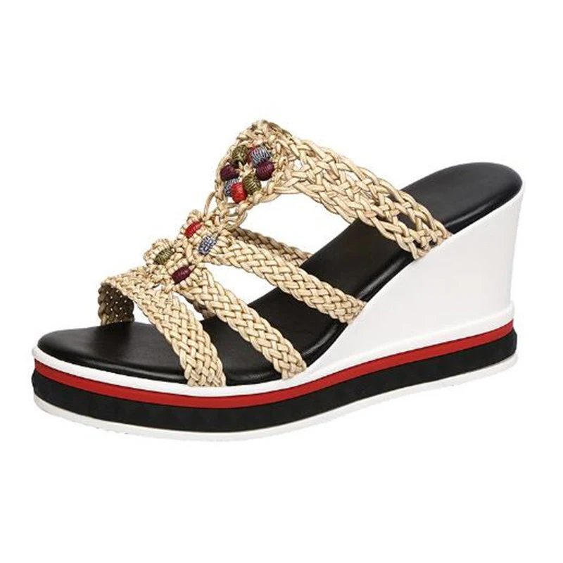 

Latform Wedges Slippers Women Weaving Sandals 2021 New Female Shoes Fashion Heeled Shoes Casual Summer Slides Slippers Women