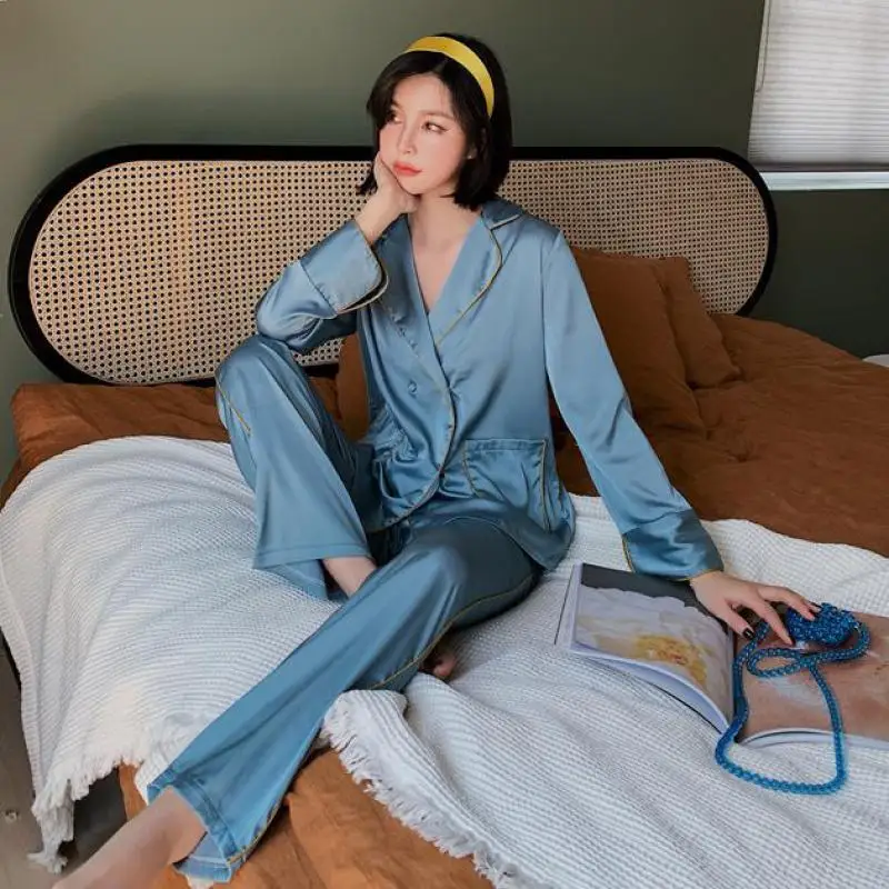 

2PCS Pajamas Suit Women Summer New Satin Shirt&Pants Sleepwear Silky Homewear Pyjamas Casual Kimono Gown Intimate Lingerie