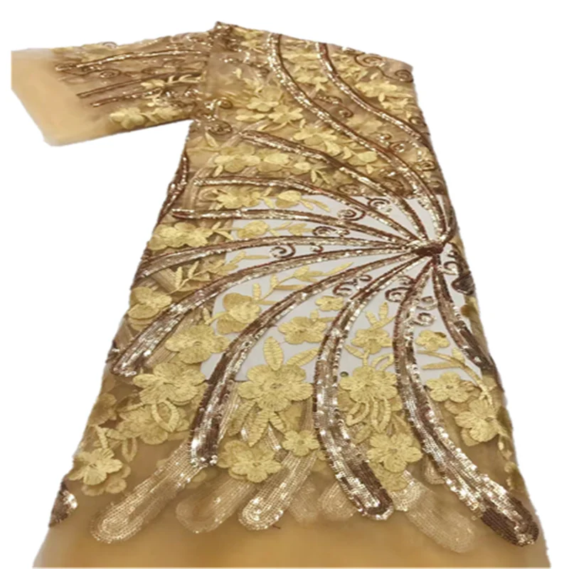 

African Sequins Net Lace Fabric 2021 High Quality Gold Elegant Nigerian Wedding Lace Fabrics Sewing French Tulle Lace FJL73