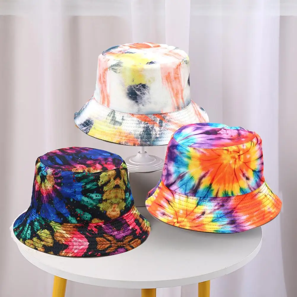 

Sun Hat Men Women Fishing Hat Colorful Pure Cotton Tie-die Printed Reversible Double-sided Bucket Hats шапка женская зима 2021
