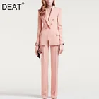 Женский офисный костюм-двойка DEAT, двубортный блейзер с отложным воротником и карманами и длинные брюки розового цвета, WM87111L, 2021