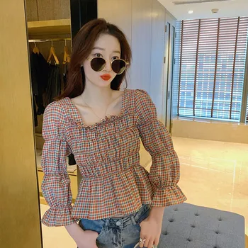 Retro Square Collar Plaid Shirt Trumpet Sleeve Women Summer Sweet French Style Blouses 2020 1