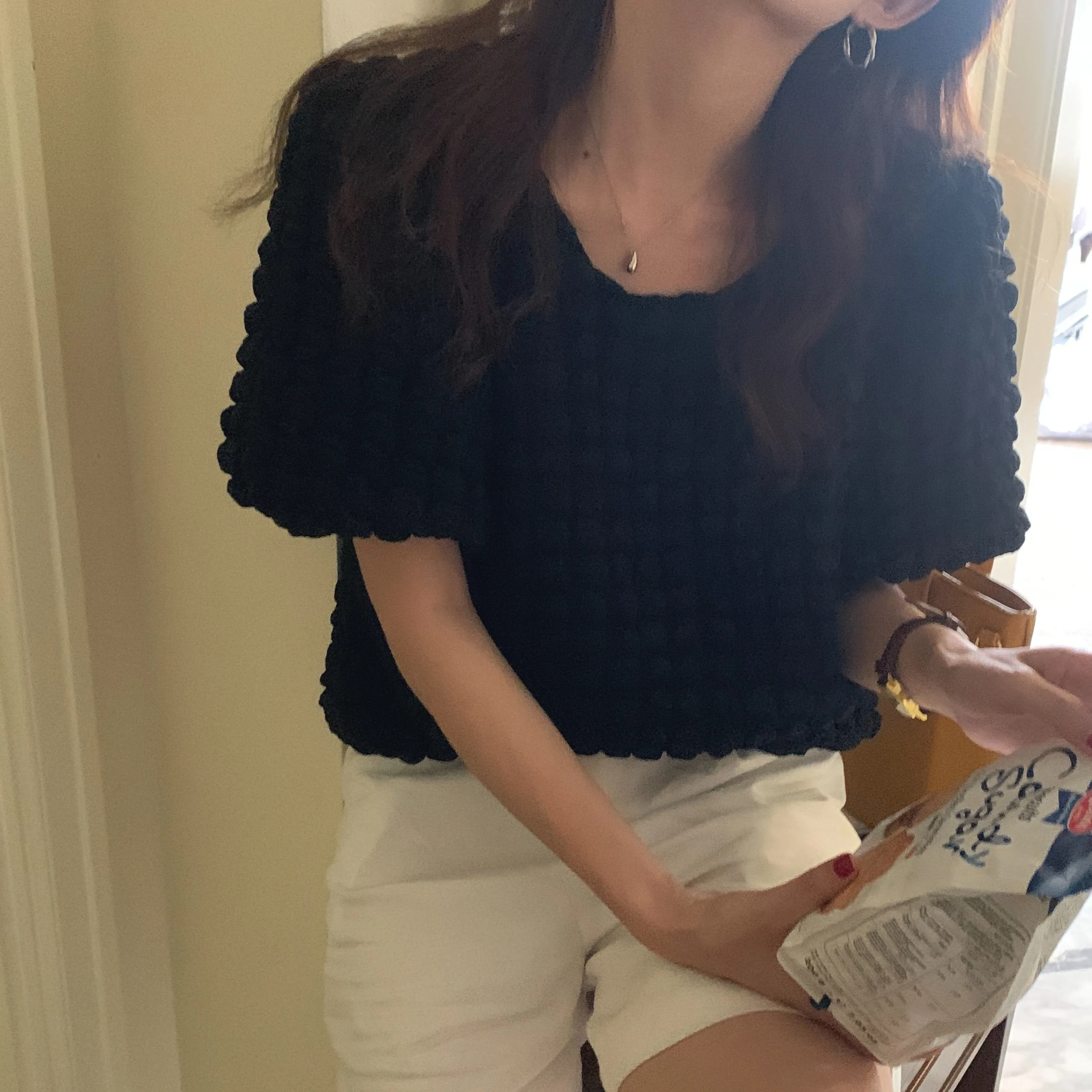 

Korejpaa Women Shirt 2021 Summer Korean Round Neck Loose Casual Three-Dimensional Bubble Cotton All-Match Short-Sleeved Blouses