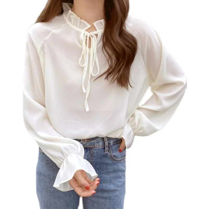 

Korean-style Chic Early Spring Style Super Beauty Crescent Yellow Lace Stringy Selvedge Flare-Sleeve Cute Youth-Looking Loose
