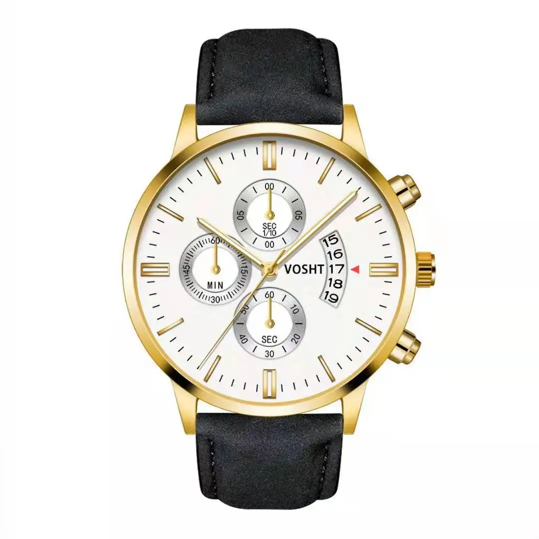 

Mens Watches Waterproof Calendar fake three-eye belt men's watch Leather Casual Quartz Watch Men fashion bussiness Wrist Watch