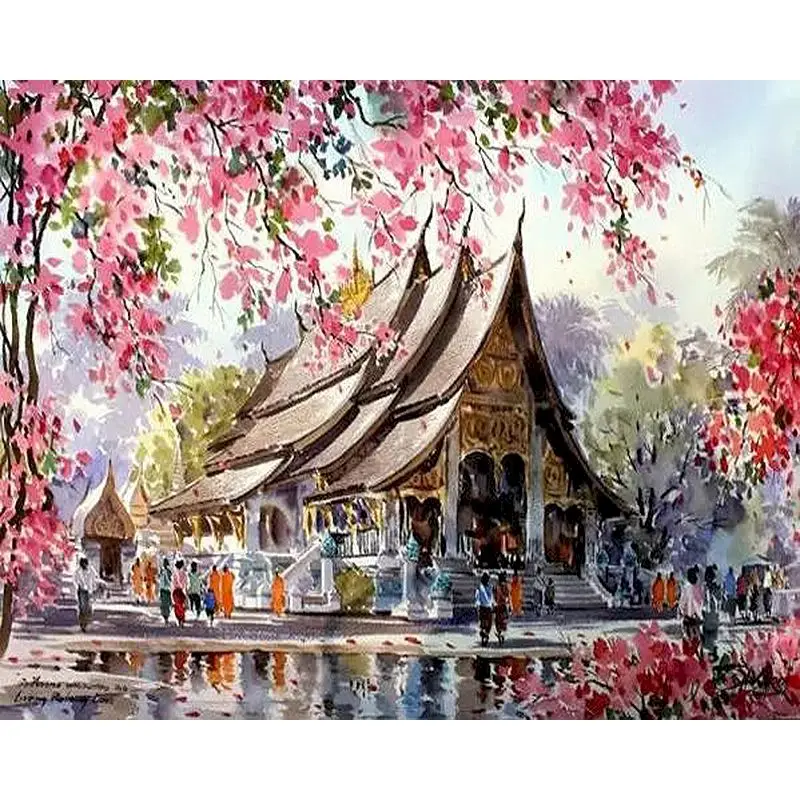 

CHENISTORY Painting By Number Peach Temple Landscape For Adult Drawing On Canvas Handpainted Art Gift Diy Flower Kits Home Decor