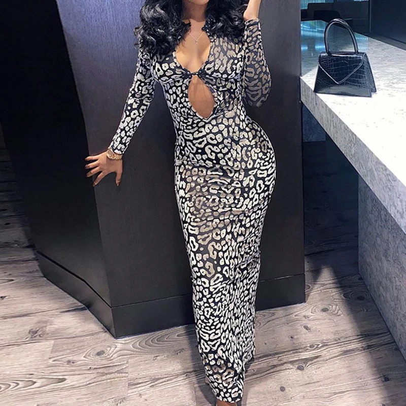 

OMSJ Lady Leopard Print Long Sleeve V-neck Sexy Bandage Maxi Dress 2021 Early Autumn Hem Back Split Slim Pullover Dress Clubwear