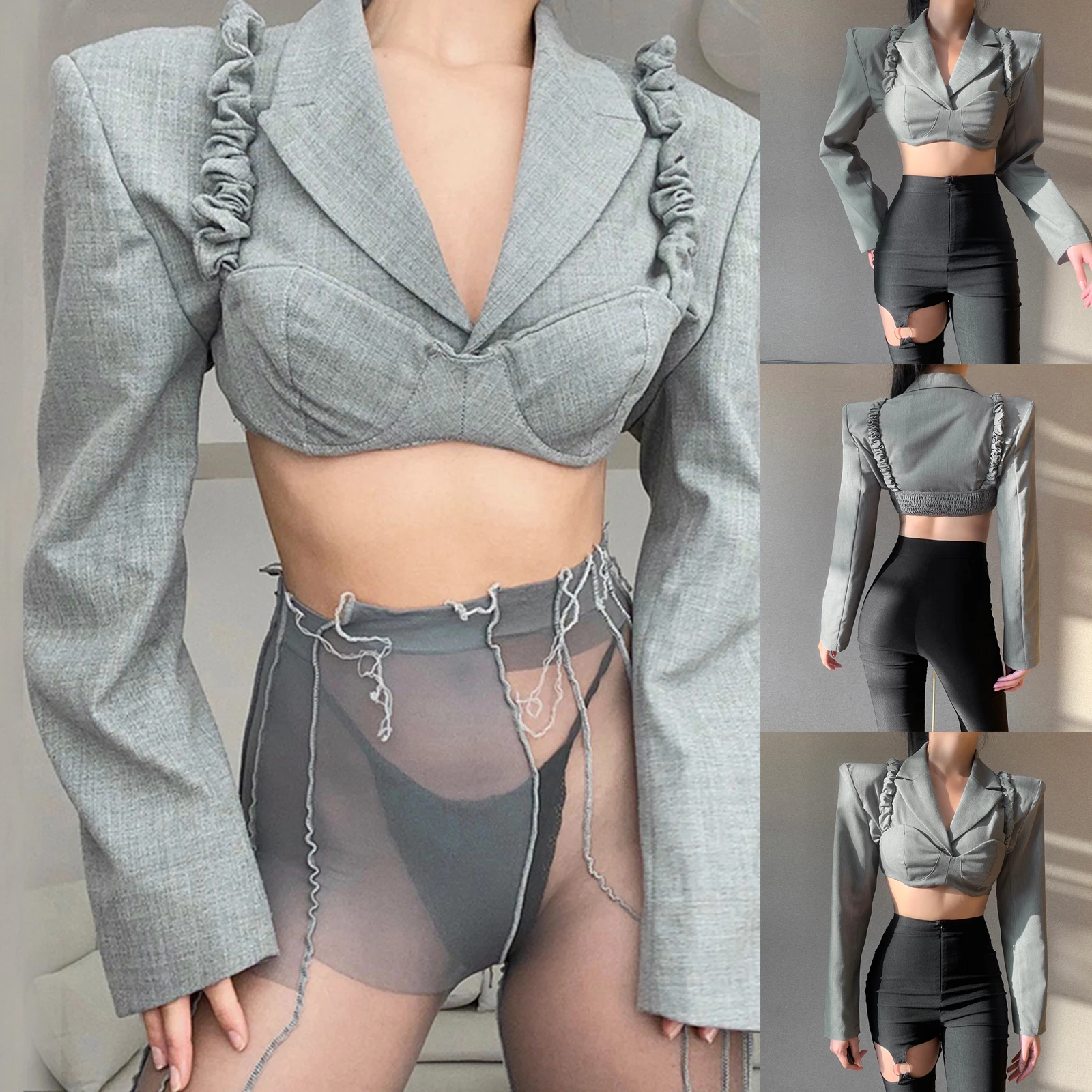 

Women Sexy Two-piece V-Neck Folds Cloth Set Grey Solid Color Shoulder Pad Suit Jacket and Sweetheart Neckline Camisole 2021 New