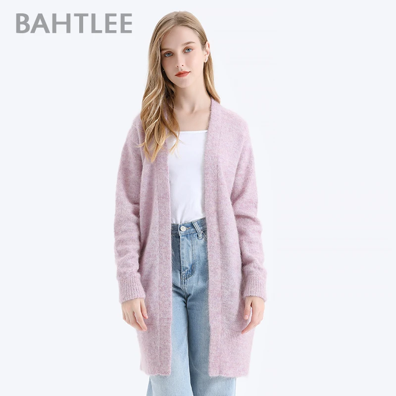 BAHTLEE Autumn Women Mohair Cardian Sweater  Wool Knitted Jumper Loose Coat V-Neck Long Sleeves Six Color