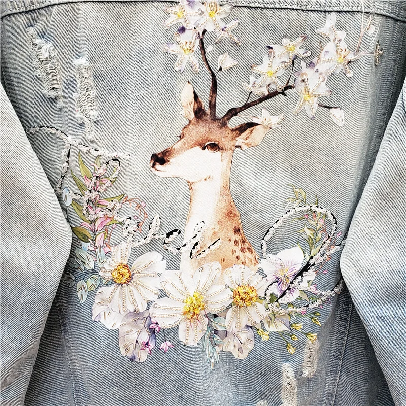 

Spring Loose Harajuku Beading Sequins Deer Print Blue Hole Denim jacket women Streetwear Autumn Casual jean jacket Ropa de mujer
