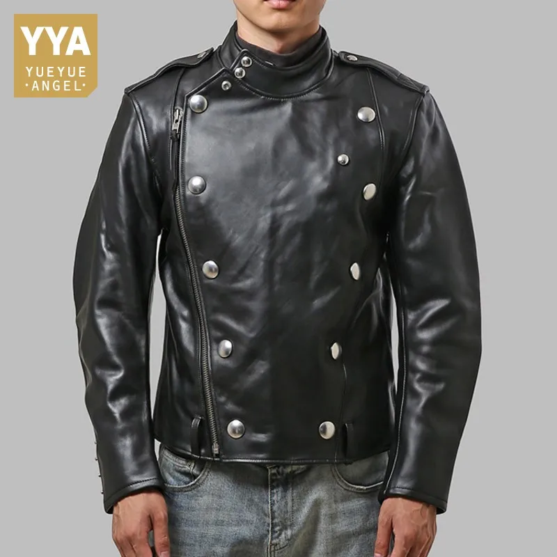 

Motorcycle Real Leather Short Coat Men Luxury Stand Collar Zipper Biker Jacket Street Slim Black Casual Cowhide Outerwear M-3XL