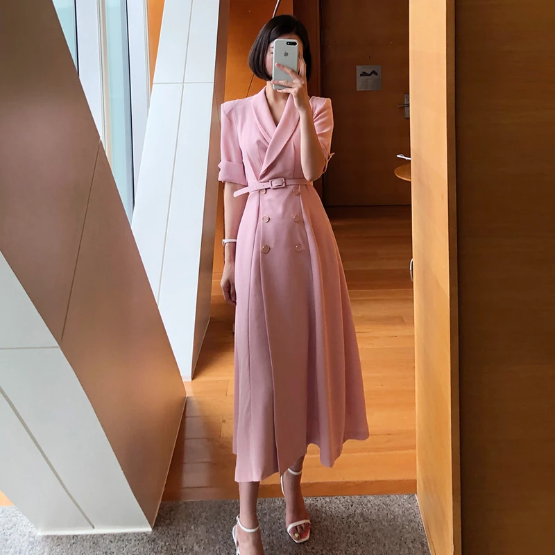 

Summer Office Elegant Women Pink Mixi Dress Double-Breasted Trench Coat Short-Sleeved Dress With Belt 2021 Female Vestidos