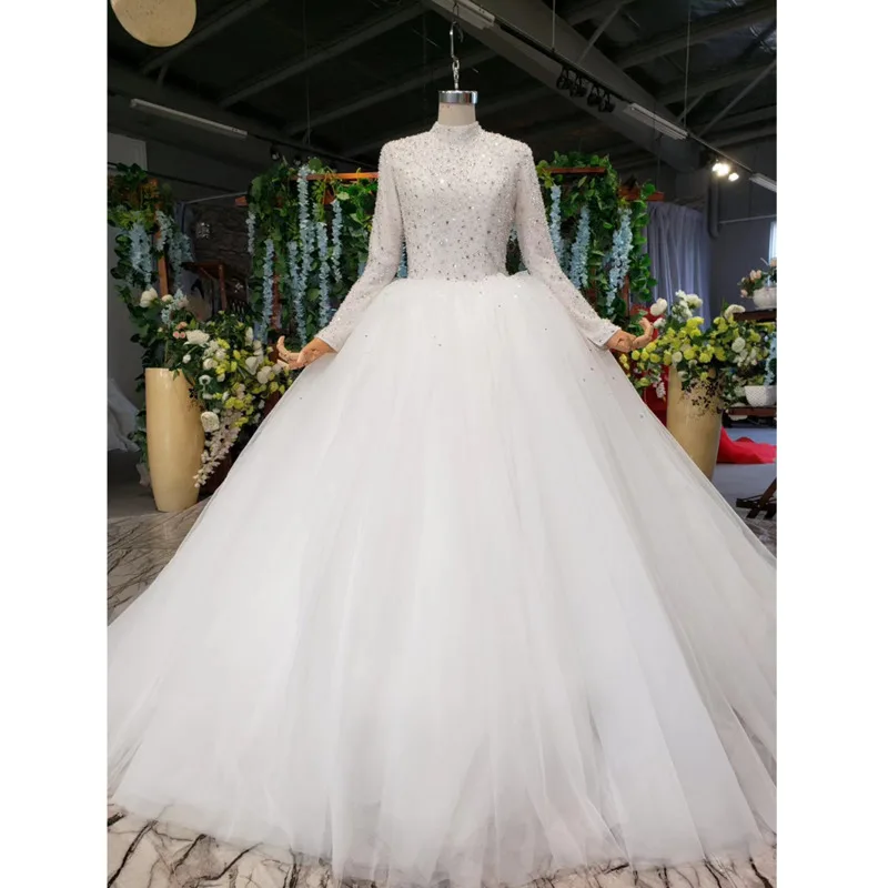 BGW HT1325 мусульманское свадебное платье с длинными рукавами и высоким воротом на