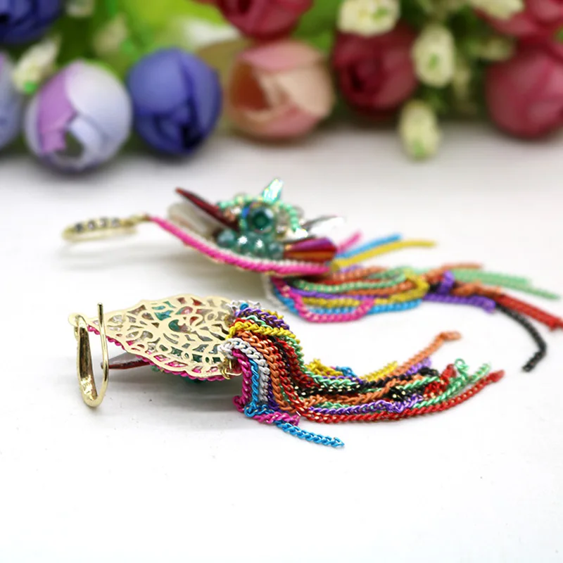 Женские длинные висячие серьги стразы с кристаллами и цветными защитными