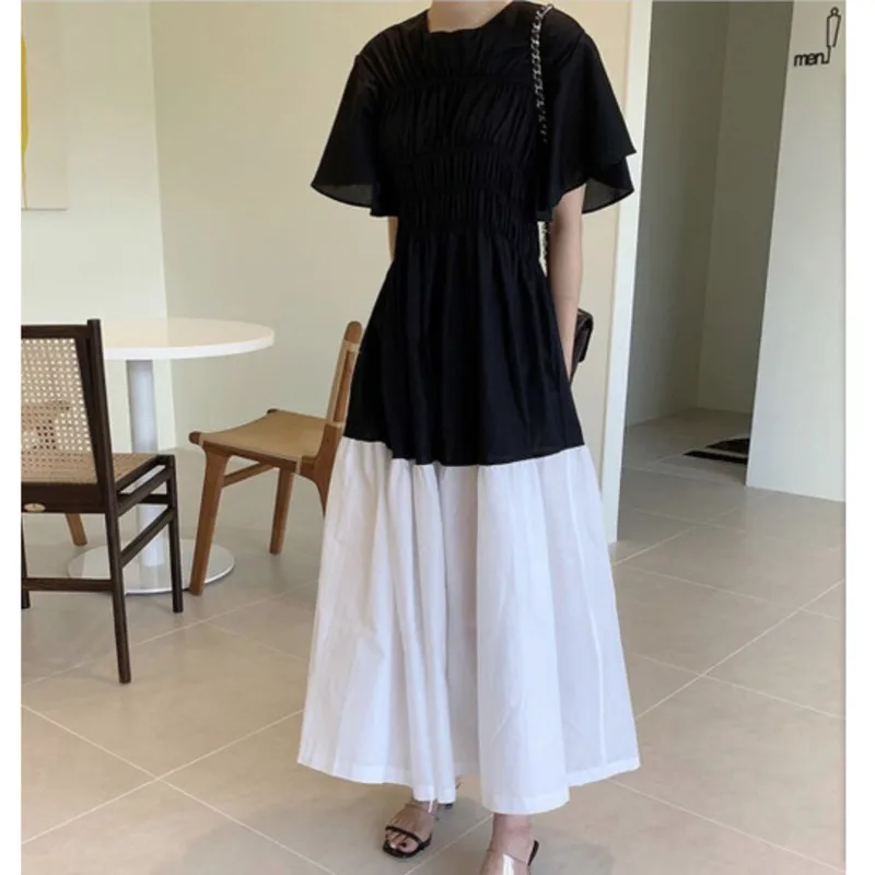 Женское плиссированное платье [EWQ] корейское с круглым вырезом и расклешенными