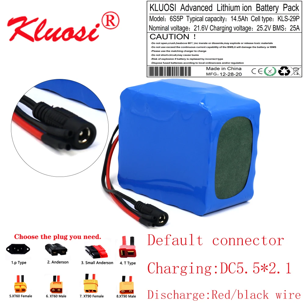 

KLUOSI 6S5P 24V 14.5Ah 21,6 V 15Ah 25,2 V литиевая Батарея-серые кисточки с 25A BMS для электрического велосипеда, фара для электровелосипеда в кресло-коляска са...